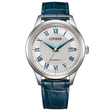 Front view of the Citizen NJ0250-01A automatic watch with a silver Clous de Paris dial, blue Roman numerals and hands, and blue leather strap.
