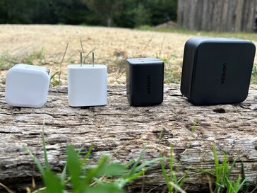 Left to right: generic 18 watt USB-C charger, Apple 20 watt USB-C charger, UGREEN Nexode Mini 45 watt charger, UGREEN 140 watt wall charger. (Image: own)