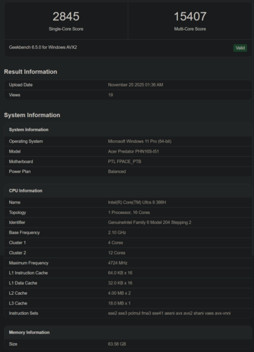 Intel Core Ultra 9 368H Geekbench listing (image source: Geekbench)
