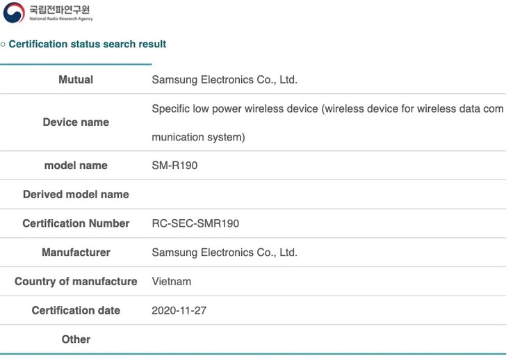 Samsung has also certified the SM-R190s with a Korean regulator. (Source: Indonesian Telecommunication Regulatory Authority via MySmartPrice)