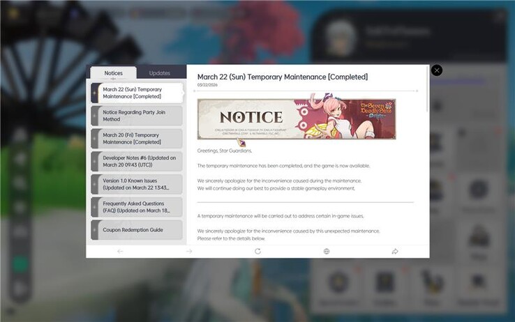 March 22 in-game notice confirming a sound fix and other bug fixes in The Seven Deadly Sins: Origin.