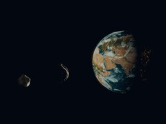 An artist's illustration showing two asteroids close to Earth.