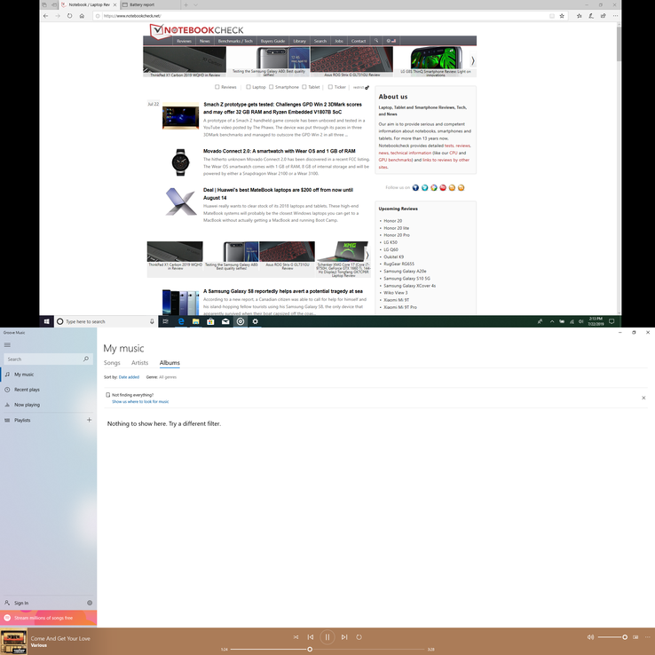 Screenshot of the dual monitor setup with ScreenPad enabled. Since the ScreenPad (bottom) has a higher native resolution than the main display (top), it is actually larger to Windows. It would have made more practical sense for Asus to engineer a 16:9 1080p ScreenPad instead for symmetry between both monitors