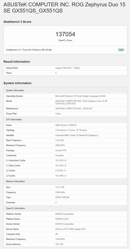 Asus ROG Zephyrus Duo 15 SE with Ryzen 9 5980HX and RTX 3080 - Geekbench OpenCL GPU score. (Source: Geekbench)
