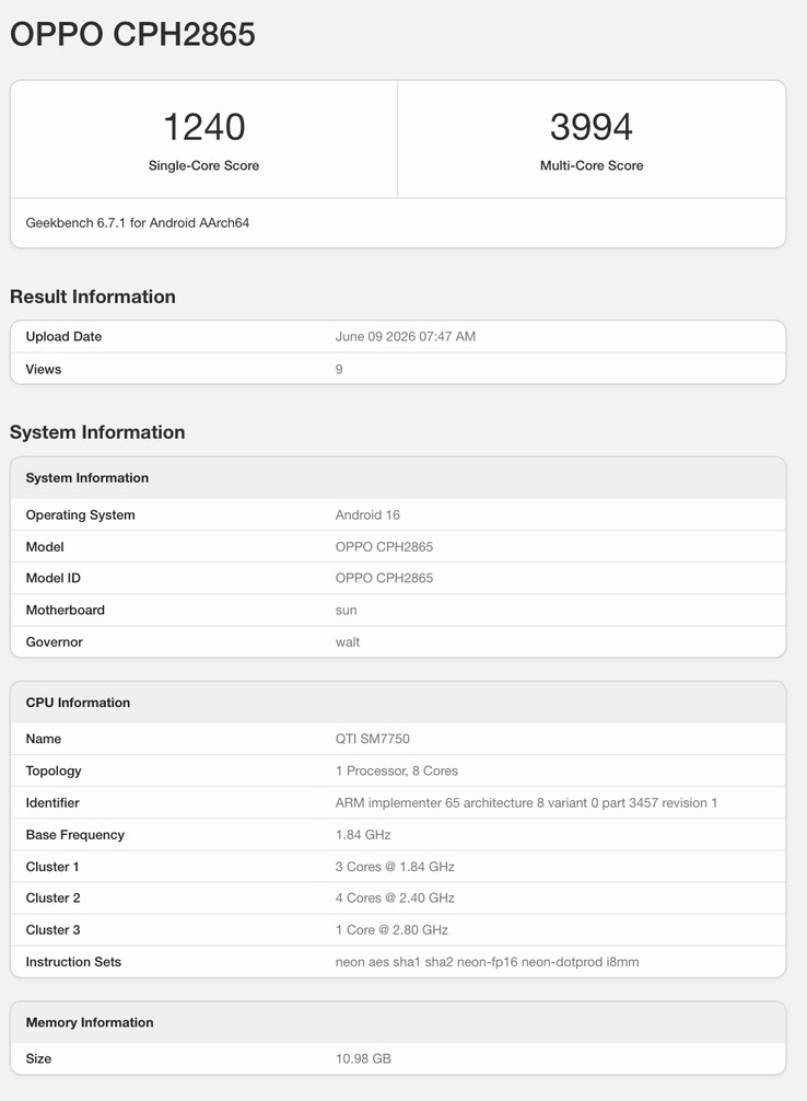 Geekbench listing of the expected Reno 16's global variant.