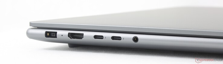 Left: AC adapter, HDMI 2.1, 2x USB-C 4.0 Thunderbolt 4 w/ DisplayPort 2.1 + Power Delivery (100 W), 3.5 mm headset