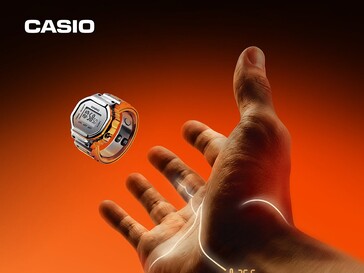 Casio CRW-H001M-8 smart Ring Watch floating above an outstretched hand against an orange background.