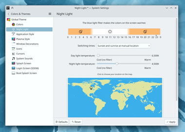 The settings page for the blue light filter has new visual aids (Source: Nate/KDE)