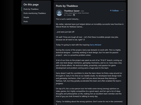 NetEase Games Thaddeus Sasser LinkedIn post (Image source: Screenshot, LinkedIn)