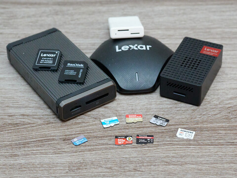 The test field: Two MicroSD Express cards against three UHS cards. The Sony Tough was omitted as it was in use for shooting. Outside: Two likewise comparatively new memory card formats that were unable to assert themselves. (Image source: Andreas Sebayang/N