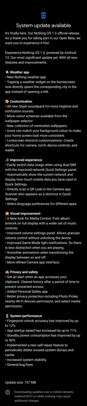 Nothing OS 1.5 update changelog (image via Reddit)
