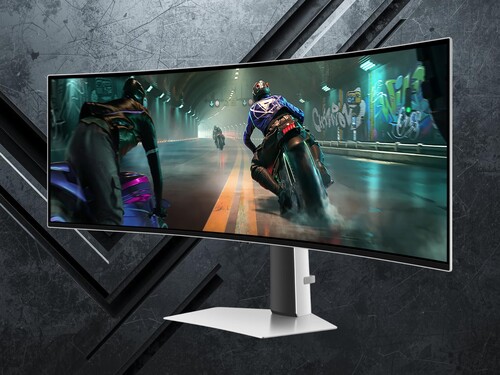 Front of Samsung Odyssey G9 G91SD OLED gaming monitor is shown at angle (Image source: Samsung with edits)