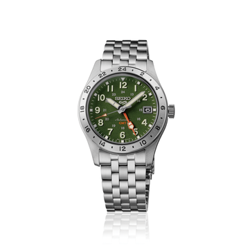 Front view of the Seiko 5 Sports Field GMT HDB001 featuring a green dial