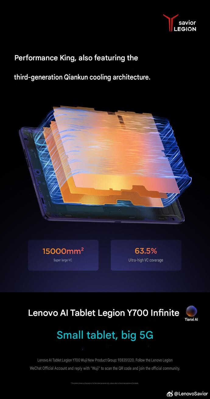 Official Lenovo render highlighting the Legion Y700 Infinite's third-generation Qiankun cooling system, featuring a 15,000mm² vapor chamber with 63.5 percent coverage inside the compact gaming tablet.