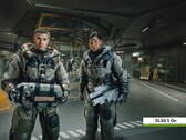 Two Starfield characters in a futuristic facility with Nvidia DLSS 5 enabled