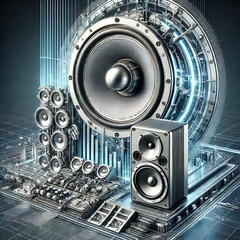 Futuristic illustration that combines traditional loudspeakers and directed acoustic energy systems (Image source: OpenAI/DALL·E)