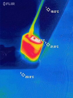 The charger reaches up to 44.1°C (111.4 °F) under load.