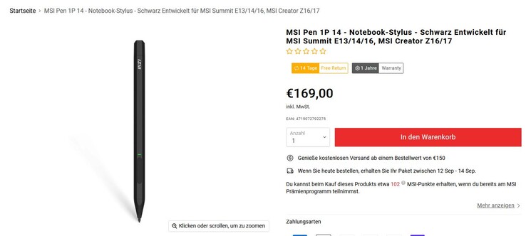 The MSI Pen 1P 14 costs a whopping 169 Euro extra (screenshot of MSI website)