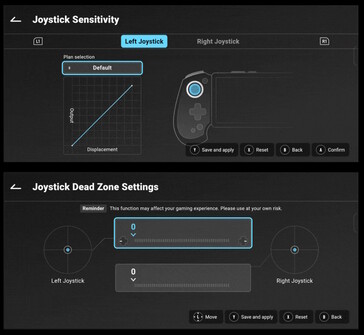 The sensitivity and dead zones of the Hall effect analog sticks can be adjusted. (Image source: Abxylute)