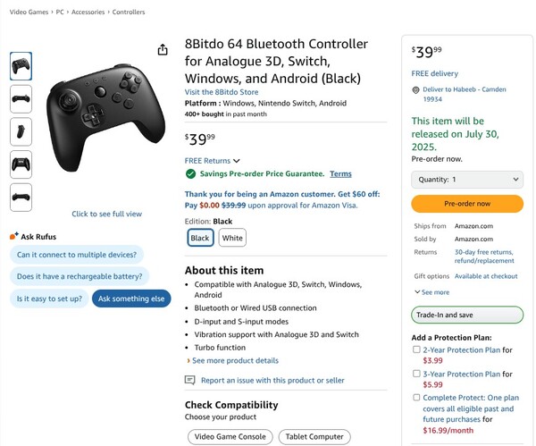 The 8BitDo 64 Controller now has a release date scheduled for July. (Image source: Amazon)