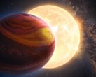 An edited artist's illustration showing a star and a planet.