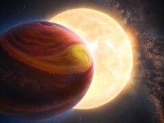 An edited artist's illustration showing a star and a planet.