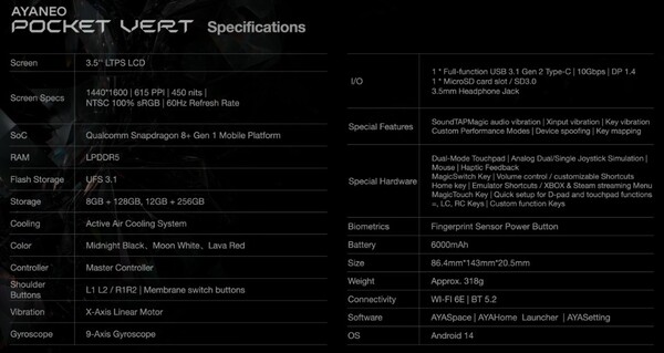 The Ayaneo Pocket Vert will be powered by the Snapdragon 8+ Gen 1. (Image source: Ayaneo)