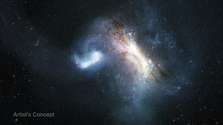 An artist's illustration showing the merger of two galaxies.