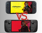 The Switch 2 and Steam Deck pictured with Cyberpunk 2077 artwork (Image source: Nintendo of America, Valve, Steam with edits)