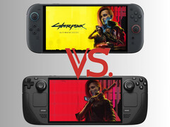 The Switch 2 and Steam Deck pictured with Cyberpunk 2077 artwork (Image source: Nintendo of America, Valve, Steam with edits)