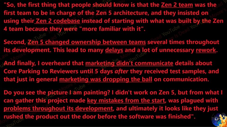 Zen 5 was reportedly in development hell. (Image source: Moore's Law Is Dead on YouTube)
