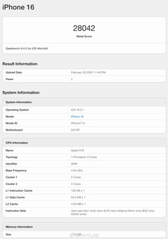 iPhone 16 Metal score (Image Source: Geekbench)