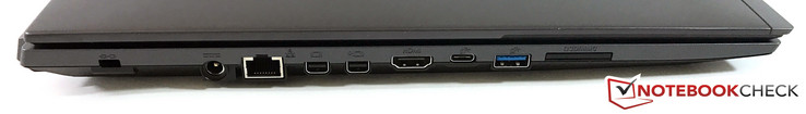 Links: Kensington lock, power supply, RJ45-LAN, 2x mini-DisplayPort 1.2, HDMI, USB Typ-C (Gen1), USB 3.0, SD-card reader