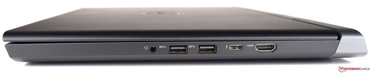 Right: 3.5 mm audio jack, 2x USB 3.1, USB Type-C + Thunderbolt 3, HDMI 2.0
