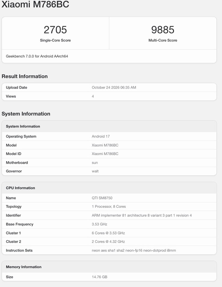 Alleged Geekbench listing of the Redmi K100.