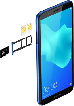 Huawei Y5 Prime (2018) showing dual SIM plus MicroSD slot. (Source: Huawei)