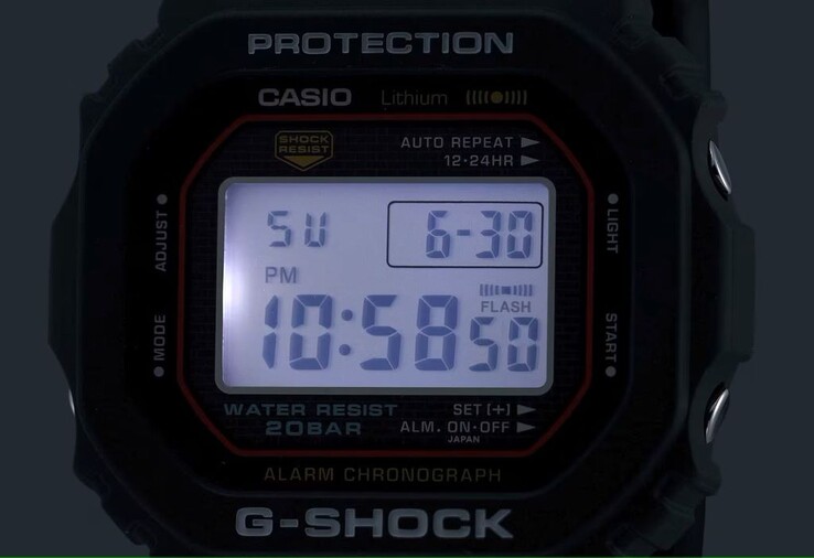 Unlike the original 1983 DW-5000C, the DW-5000R G-Shock watch uses Casio's Super Illuminator LED backlight for better visibility at night. (Image source: Casio)