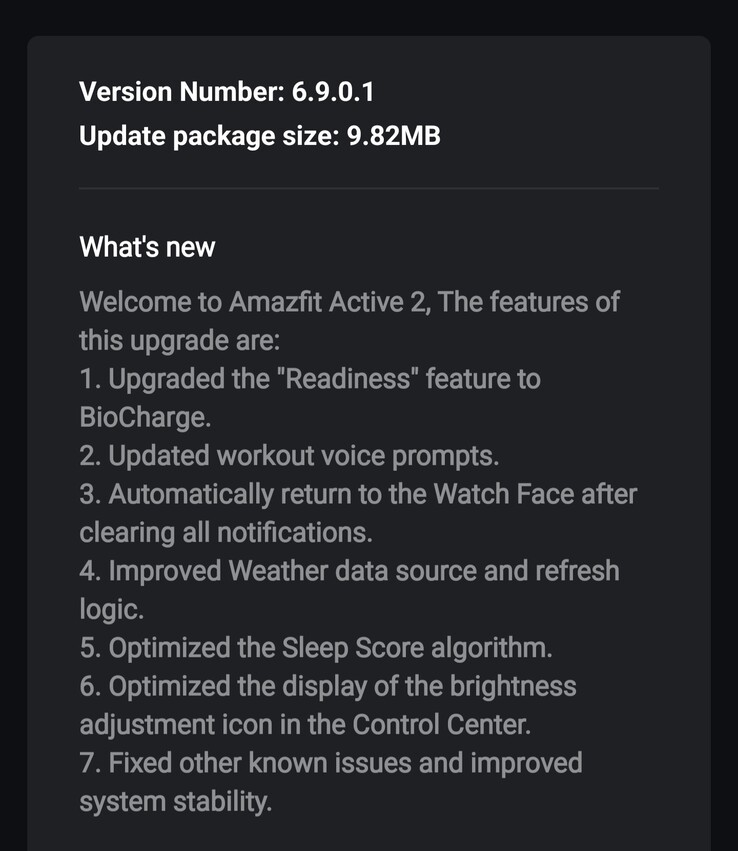 The release notes for Software Version 6.9.0.1 for the Amazfit Active 2 smartwatches. (Image source: 4PDA forum)
