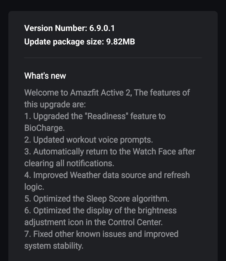 The release notes for Software Version 6.9.0.1 for the Amazfit Active 2 smartwatches. (Image source: 4PDA forum)