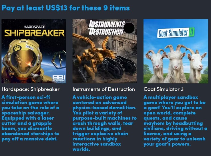 Game posters and descriptions. Paying $13 gets you all 9 games (Image source: Humble Bundle)