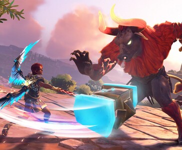 Fenyx clashes with a massive red-maned minotaur wielding a glowing hammer in Immortals Fenyx Rising. (Image source: Ubisoft)
