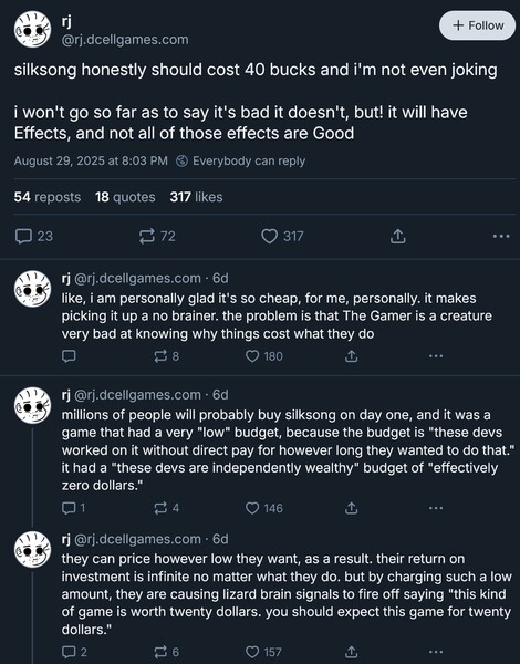 RJ Lake response to Silksong price (Image source: screenshot, rj.dcellgames.com@Bluesky)