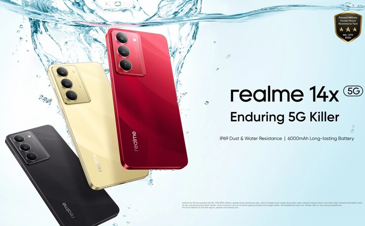 The Realme 14x comes in Crystal Black, Golden Glow, and Jewel Red colorways (Image source: Realme)