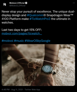 It also tweeted that the TicWatch Pro 3 has the Wear 4100 in August. (Image source: Twitter)