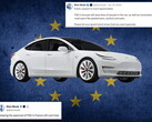 Tesla with EU flag and comments from X in the background