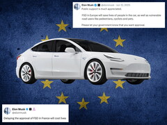 Tesla with EU flag and comments from X in the background