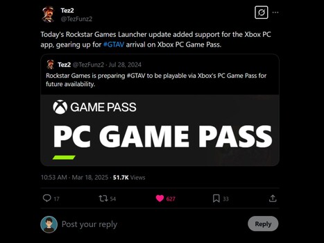 Tez2 GTA 5 PC Game Pass rumor X post (Image source: screenshot, Tez2 X account)
