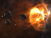 An artist's illustration showing a planet and asteroids.