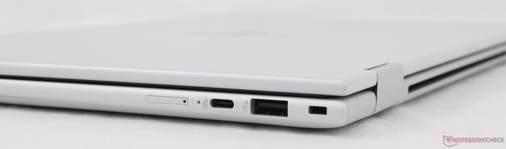 Right: Nano-SIM slot (optional), USB-C w/ Power Delivery + DisplayPort 1.4 (10 Gbps), USB-A 3.2 Gen. 1 (5 Gbps), Nano lock slot
