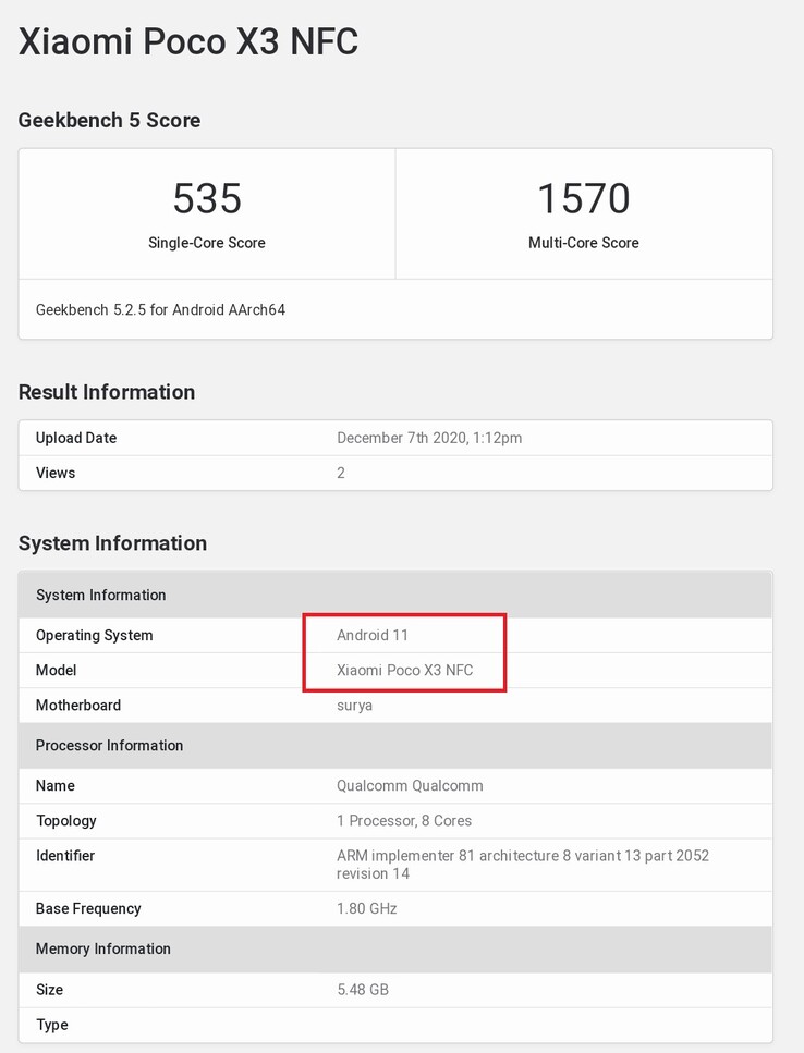 POCO X3 NFC with Android 11. (Image source: Geekbench via @yabhishekhd)